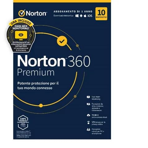 NORTON 360 Premium 2023 75GB IT 1 USER 10 DEVICE 12MO GENERIC RSP MM GUM 21429125 - Disponibile in 2-4 giorni lavorativi NORTON