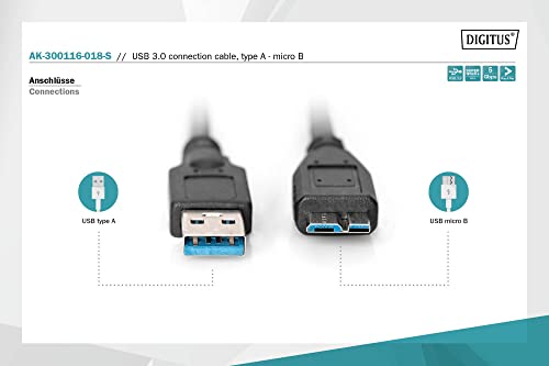 CAVO DIGITUS USB 3.0 TO MICRO USB B 3.0, 1,8MT, NERO, AK300116018S - Disponibile in 2-4 giorni lavorativi DIGITUS