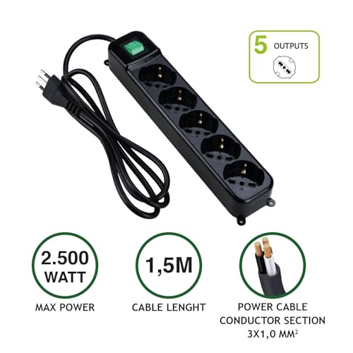 Tecnoware FMP5IIG Multipresa 5 Uscite Schuko italiane 10/16 A - Nero TECNOWARE