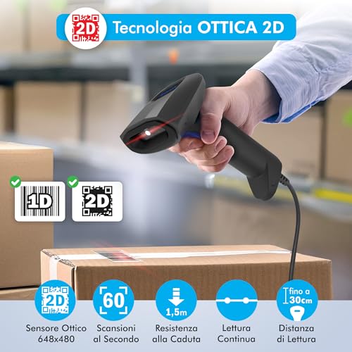 LETTORE BARCODE 2D MANUALE ATLANTIS A08-LD190-2D Profondità campo 60-300mm Risoluzione 3mils Sensore ottico 640x480 1D/2D USB - Disponibile in 2-4 giorni lavorativi ATLANTIS