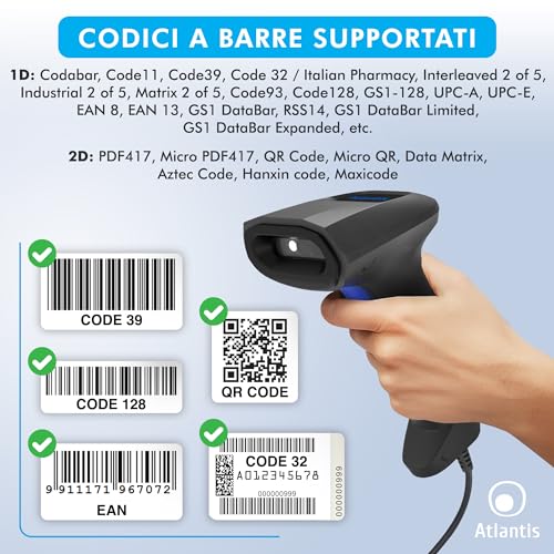 LETTORE BARCODE 2D MANUALE ATLANTIS A08-LD190-2D Profondità campo 60-300mm Risoluzione 3mils Sensore ottico 640x480 1D/2D USB - Disponibile in 2-4 giorni lavorativi ATLANTIS