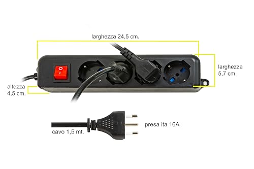 Digitus Multipresa 4*prese ITA/Schuko 10/16A con interruttore e spina 16A Nero - Disponibile in 2-4 giorni lavorativi DIGITUS