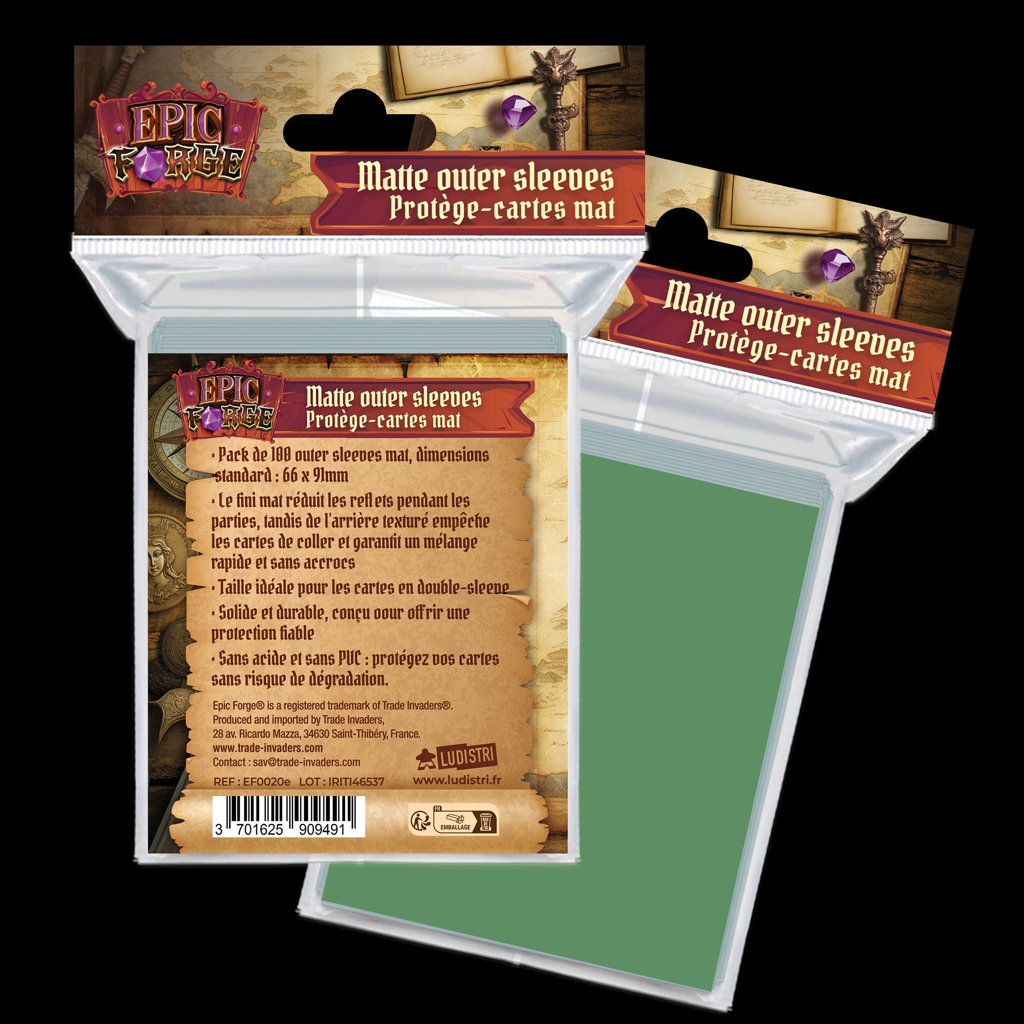 EPIC FORGE Outer sleeves Mat (66*91 mm) x100 (100 microns) - GREEN Trade Invaders