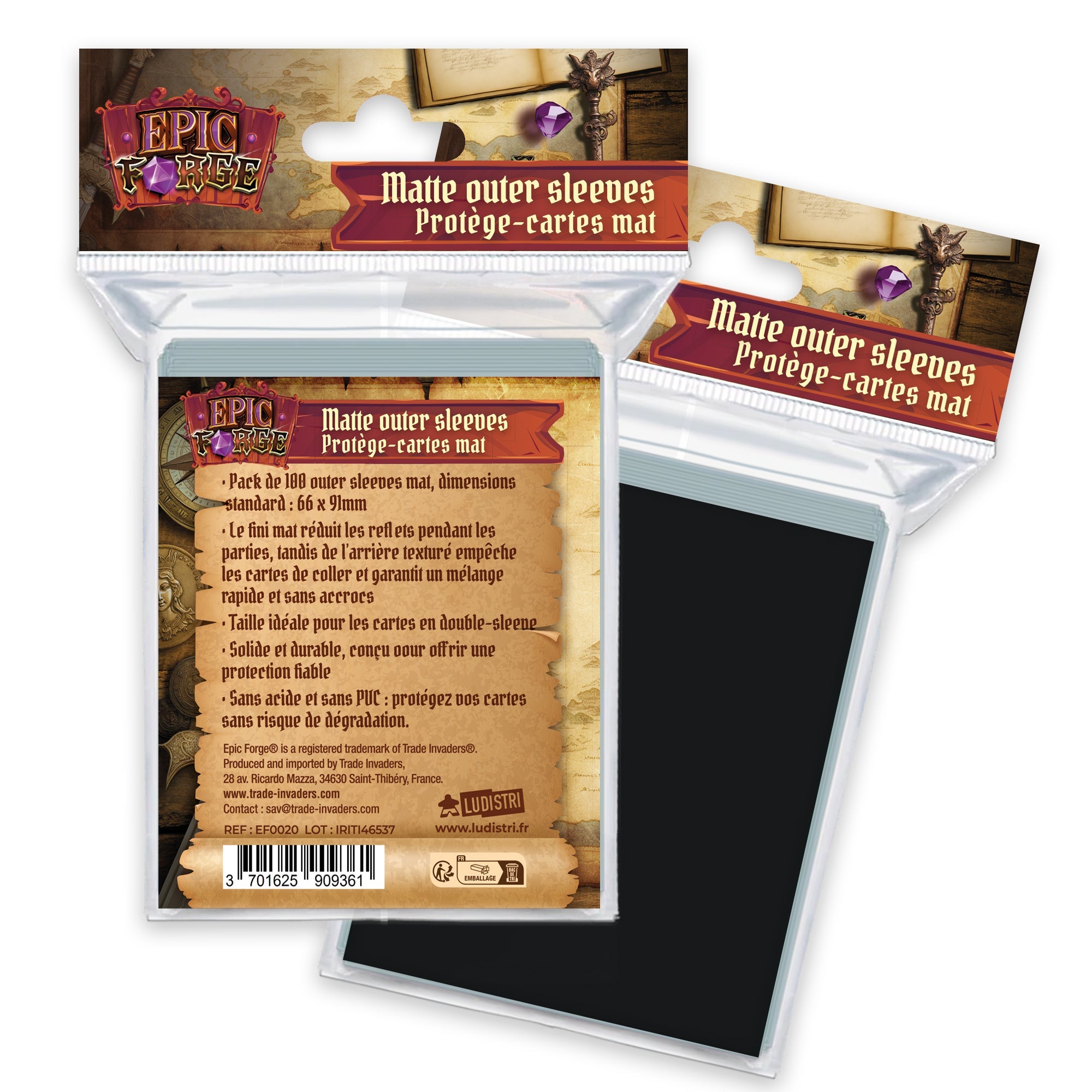 EPIC FORGE Outer sleeves Mat (66*91 mm) x100 (100 microns) - BLACK Trade Invaders