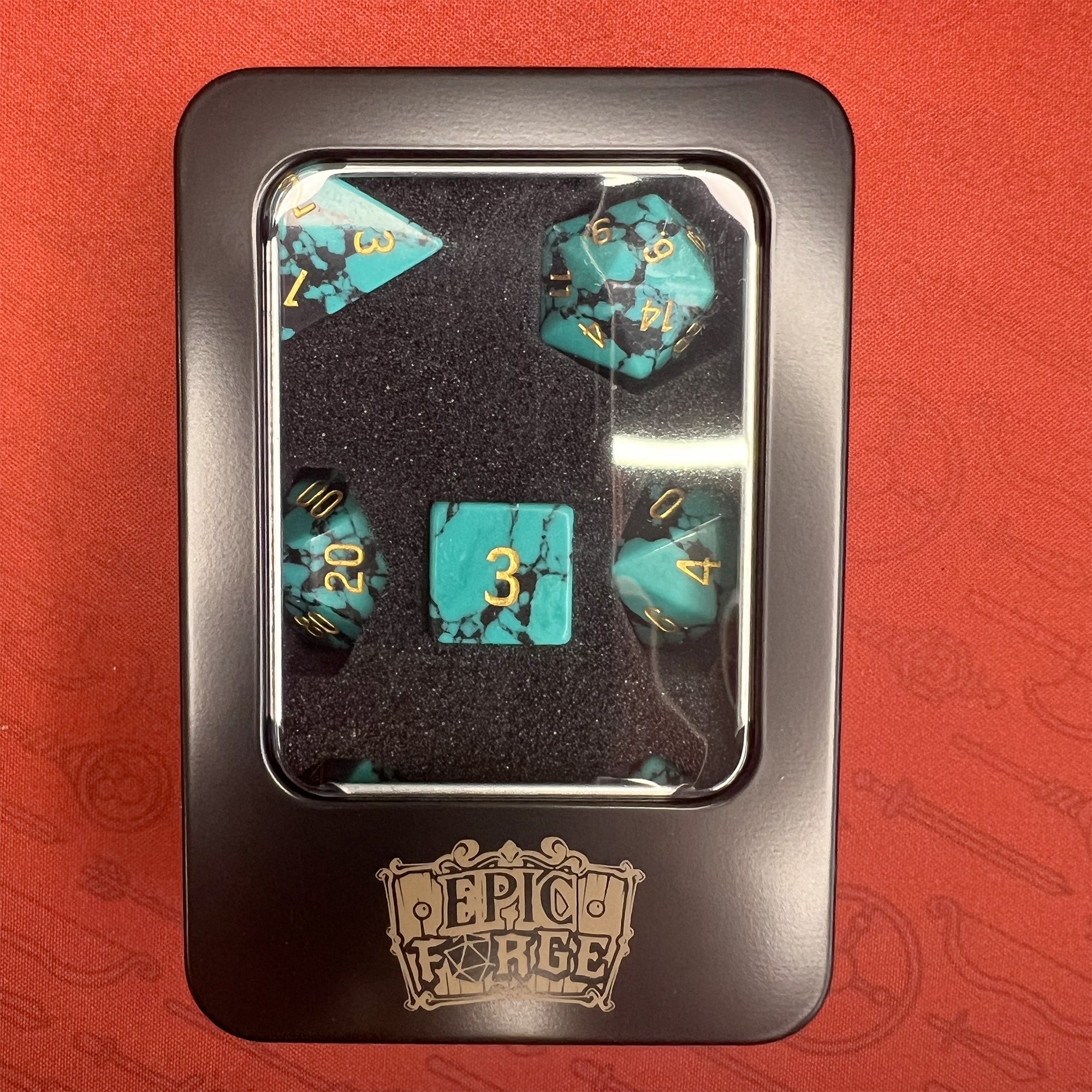 EPIC FORGE  Semi Precious Stone Dice - Set of 7 dice with metal box - Synthetic - Black and Turquoise Blue Trade Invaders