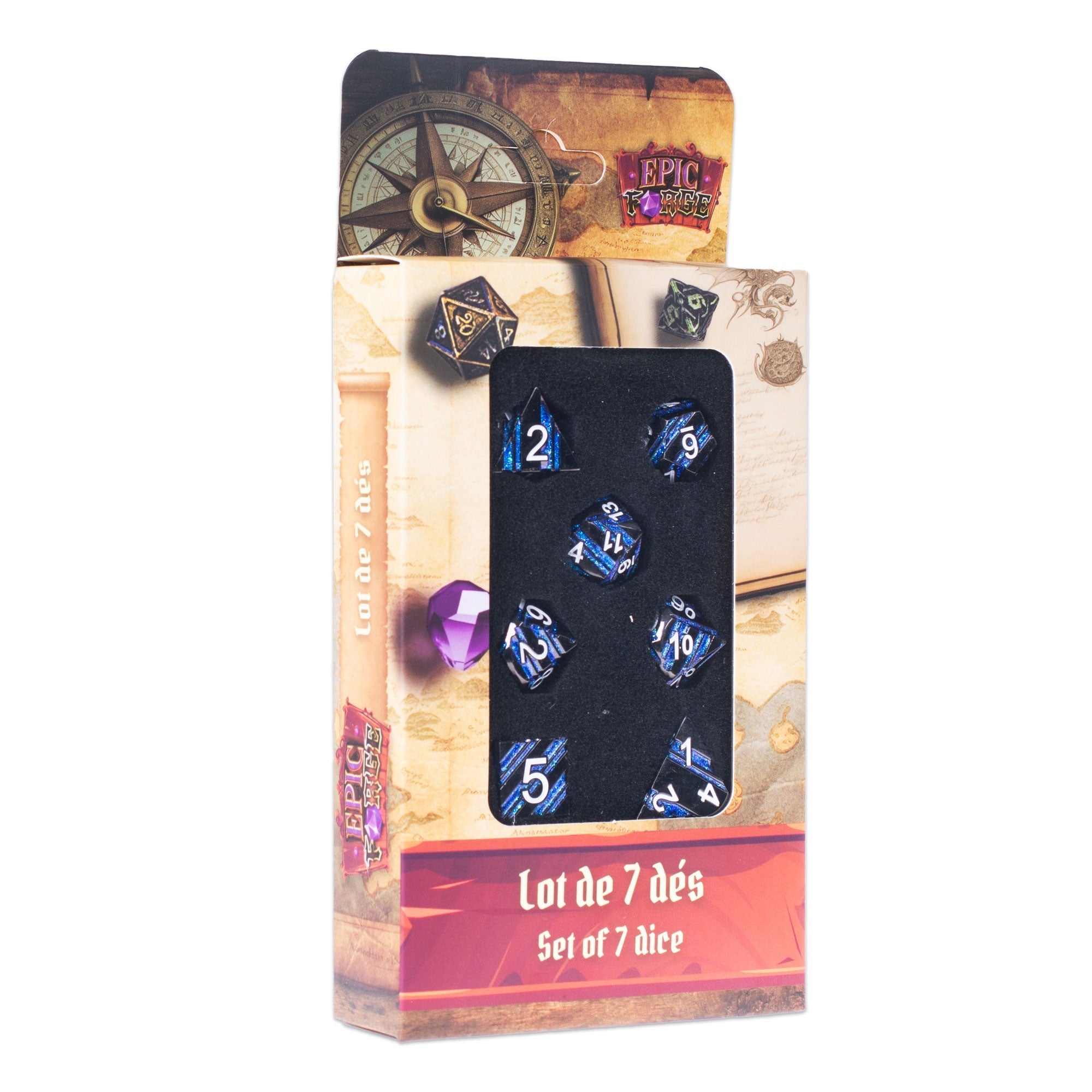 EPIC FORGE  7 dices pack- Metal- Blanc and Blue Trade Invaders