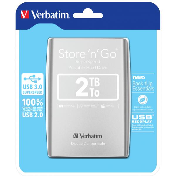 Hard Disk esterno Verbatim Disco rigido portatile Store 'n' Go USB 3.0 da 2 TB Argento (Verbatim Portable Hard Drive Verbatim 2TB Silver HARD DRIVE) - Disponibile in 5-6 giorni lavorativi Verbatim