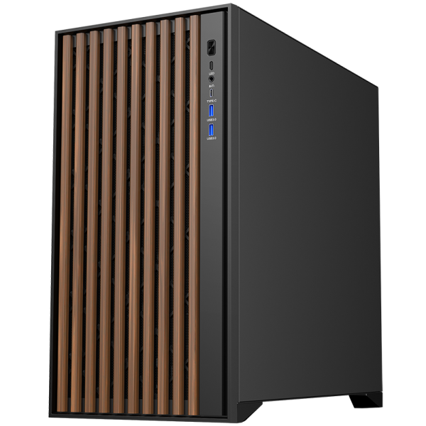 Case WOODY - Gaming Tower- ATX- 3x14cm Black fan- 2xUSB3- Type-C- Wood Front- Temp Glass Side Panel - Disponibile in 3-4 giorni lavorativi