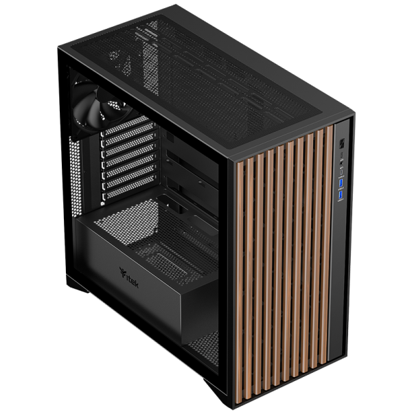 Case WOODY - Gaming Tower- ATX- 3x14cm Black fan- 2xUSB3- Type-C- Wood Front- Temp Glass Side Panel - Disponibile in 3-4 giorni lavorativi