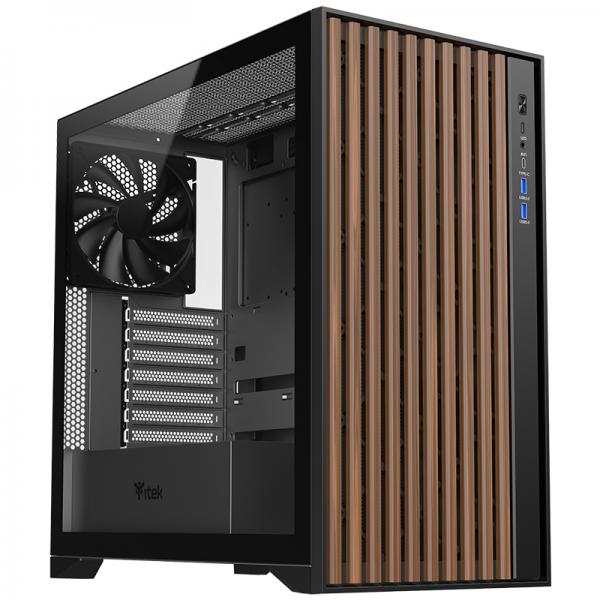 Case WOODY - Gaming Tower- ATX- 3x14cm Black fan- 2xUSB3- Type-C- Wood Front- Temp Glass Side Panel - Disponibile in 3-4 giorni lavorativi