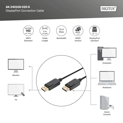 CAVO DIGITUS DISPLAYPORT 1.2 TO DP, M/M, 2MT, 4K, NERO, AK340100020S - Disponibile in 2-4 giorni lavorativi DIGITUS
