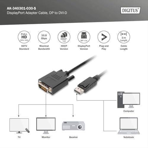 Digitus AK340301030S Cavo Video da Display Port a DVI-D 3m Nero DIGITUS
