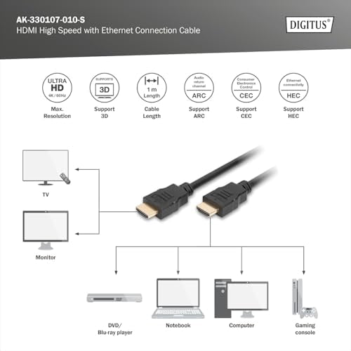 CAVO DIGITUS HDMI TO HDMI, M/M, 1MT, CONNETTORI DORATI, NERO, AK330107010S - Disponibile in 2-4 giorni lavorativi DIGITUS