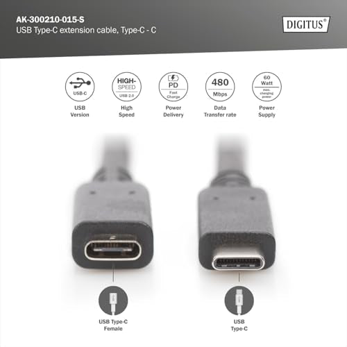 USB Type-C extension cable, type C M/F, 1.5m, 3A, 480MB, Version 2.0, bl DIGITUS