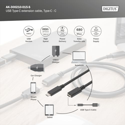 USB Type-C extension cable, type C M/F, 1.5m, 3A, 480MB, Version 2.0, bl DIGITUS