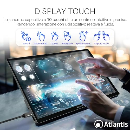 MONITOR PORTATILE ATLANTIS LED 15,6" Touch Wide A05-P156AT1 IPS 1920x1080 16ms 300cd/m² 1000:1 MM 1xHDMI 2xUSB-C Cust Base Piegh - Disponibile in 2-4 giorni lavorativi ATLANTIS