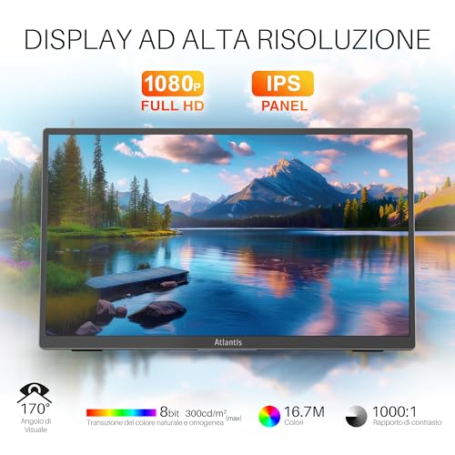 MONITOR PORTATILE ATLANTIS LED 15,6" Touch Wide A05-P156AT1 IPS 1920x1080 16ms 300cd/m² 1000:1 MM 1xHDMI 2xUSB-C Cust Base Piegh - Disponibile in 2-4 giorni lavorativi ATLANTIS