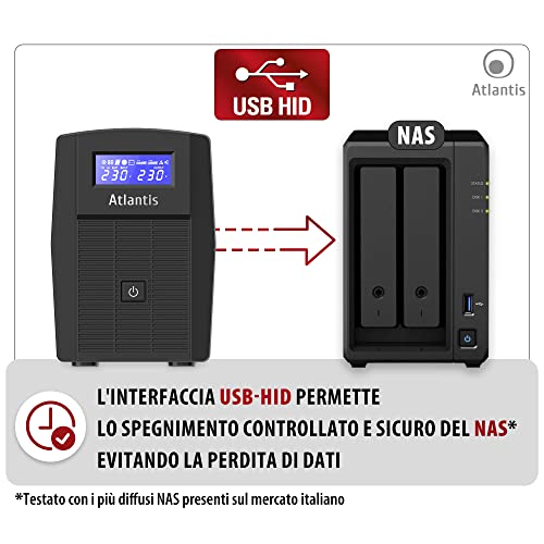 UPS ATLANTIS A03-HP1003 800VA (480W) Sinewave Line Interactive 12V-9Ah Display LCD e LED stato UPS Interfaccia USB-HID 2xSchuko - Disponibile in 2-4 giorni lavorativi ATLANTIS