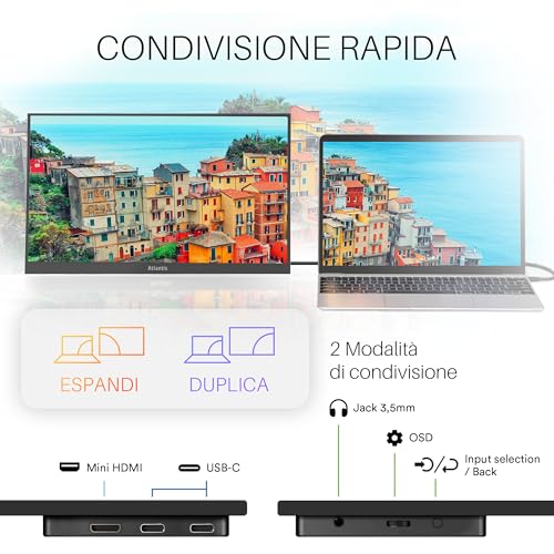 MONITOR PORTATILE ATLANTIS LED 15,6" Wide A05-P156WP IPS 1920x1080 25ms 312cd/m² 600:1 MM 1xMini HDMI 2xUSB-C Cust. Base Piegh. - Disponibile in 2-4 giorni lavorativi ATLANTIS