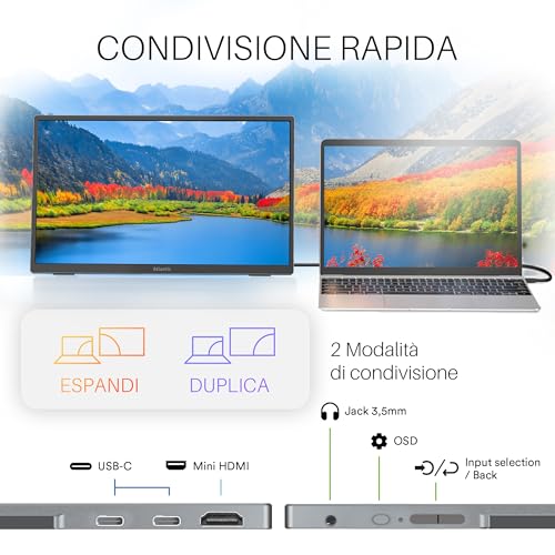 MONITOR PORTATILE ATLANTIS LED 15,6" Touch Wide A05-P156AT1 IPS 1920x1080 16ms 300cd/m² 1000:1 MM 1xHDMI 2xUSB-C Cust Base Piegh - Disponibile in 2-4 giorni lavorativi ATLANTIS