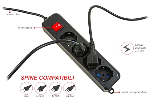 Digitus Multipresa 4*prese ITA/Schuko 10/16A con interruttore e spina 16A Nero - Disponibile in 2-4 giorni lavorativi DIGITUS