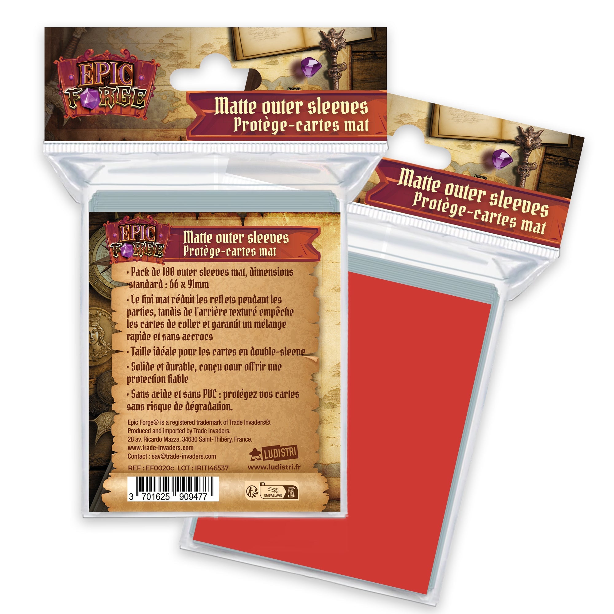 EPIC FORGE  Outer sleeves Mat (66*91 mm) x100 (100 microns) - RED Trade Invaders