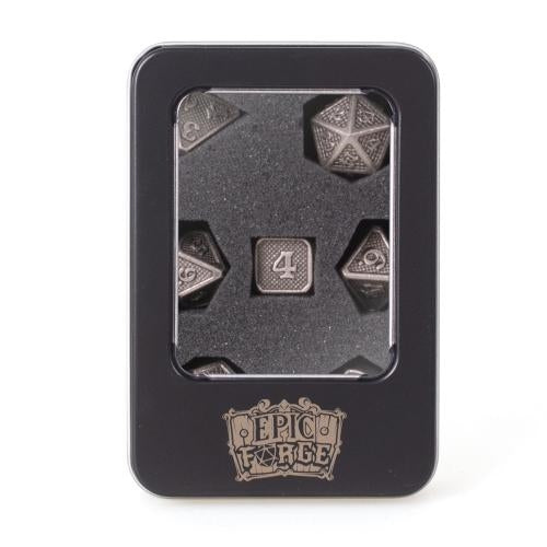 EPIC FORGE  7 metal dice set 14mm (metal box)- Solid Silver Trade Invaders