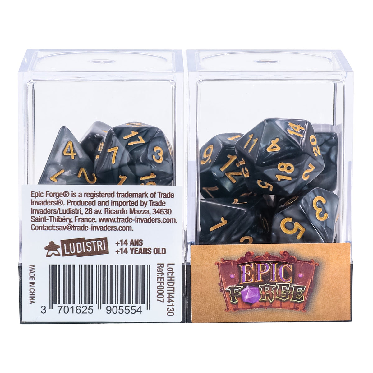EPIC FORGE  7 dices pack - Pearly Black and Gold Trade Invaders