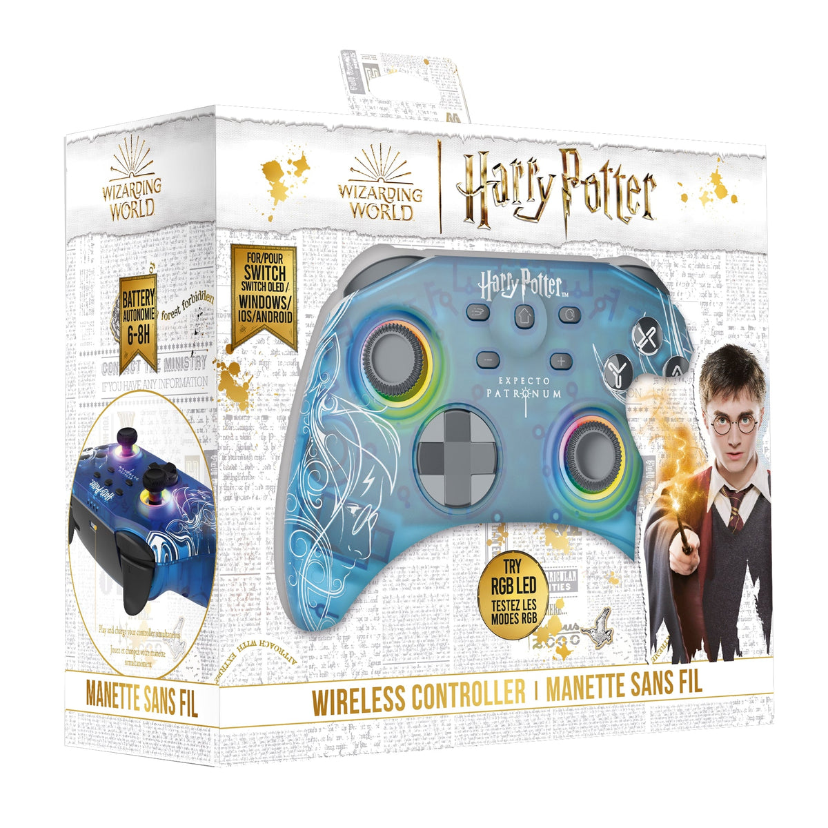 FREAKS AND GEEKS Harry Potter -RGB  Wireless Controller for Switch with 1M cable - Translucid - Patronus Trade Invaders