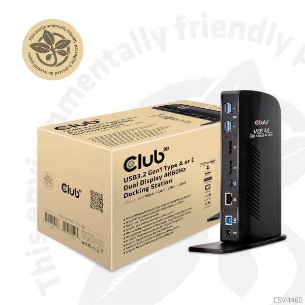 CLUB3D CSV-1460 DOCKING STATION USB3.0 DUAL DISPLAY 4K 60HZ COLORE NERO - Disponibile in 3-4 giorni lavorativi