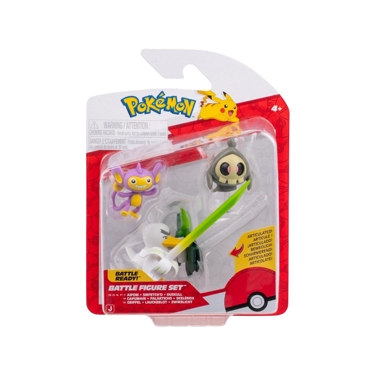 JAZWARES Battle Figure Pack: Pokemon -  Duskull with Stand, Aipom, & Sirfetch'd Jazwares