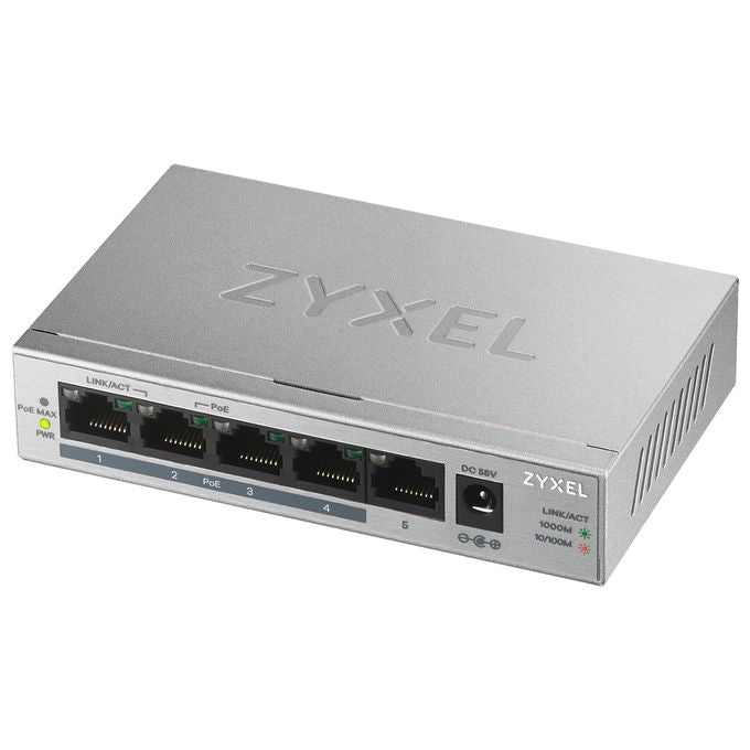 Zyxel GS1005HP Switch No gestito Gigabit Ethernet 10-100-1000 Argento Supporto Power over Ethernet - Disponibile in 3-4 giorni lavorativi