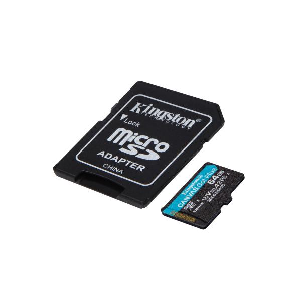 KINGSTON CANVAS GO PLUS MICRO-SDXC 64GB CLASSE 10 UHS-I CON ADATTATORE SD NERO - Disponibile in 3-4 giorni lavorativi Kingston