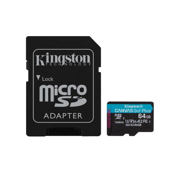 KINGSTON CANVAS GO PLUS MICRO-SDXC 64GB CLASSE 10 UHS-I CON ADATTATORE SD NERO - Disponibile in 3-4 giorni lavorativi Kingston