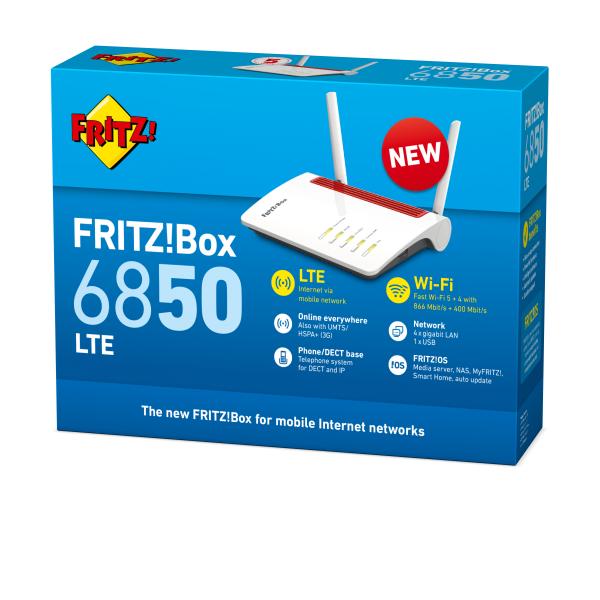 AVM FRITZ! ROUTER FRITZ!BOX 6850 LTE INTERNATIONAL 4 PORTE LAN GIGABIT RJ-45,1XUSB 3.0, 1 PORTA TE LEFONICA ANALOGICA, 1 SLOT SIM - Disponibile in 3-4 giorni lavorativi Avm Fritz!