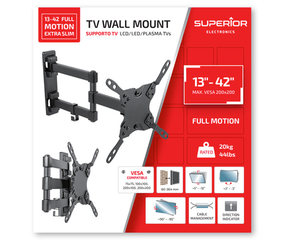 Superior Staffa TV SUPSTV010 13"- 42" Full Motion Extra Slim 20Kg - Disponibile in 2-3 giorni lavorativi