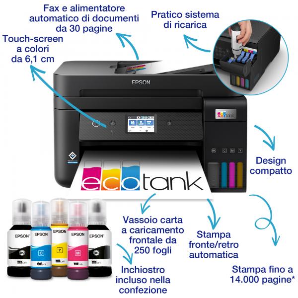 EPSON MULTIF. INK A4 COLORE, ECOTANK ET-4800, 33PPM, ADF, FRONTE/RETRO MANUALE, USB/LAN/WIFI, 4 IN 1 - Disponibile in 3-4 giorni lavorativi