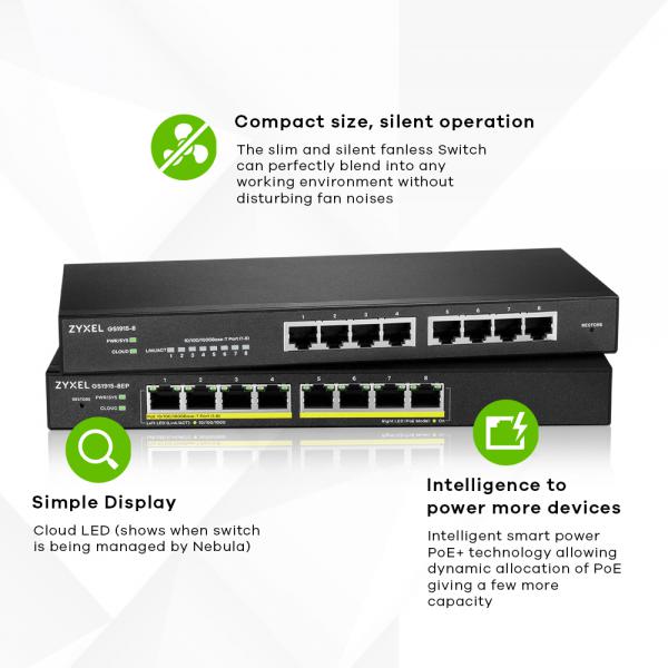 Zyxel GS1915 Series GS1915-8EP - Switch - compatibile con NebulaFLEX - intelligente - 8 x 10/100/1000 (PoE+) - desktop, montaggio a parete - PoE+ (60 W) - Disponibile in 3-4 giorni lavorativi