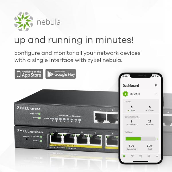 Zyxel GS1915 Series GS1915-8EP - Switch - compatibile con NebulaFLEX - intelligente - 8 x 10/100/1000 (PoE+) - desktop, montaggio a parete - PoE+ (60 W) - Disponibile in 3-4 giorni lavorativi