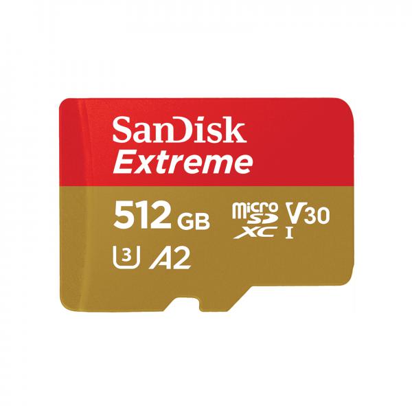 SanDisk Extreme - Scheda di memoria flash (adattatore da microSDXC a SD in dotazione) - 512 GB - A2 / Video Class V30 / UHS-I U3 / Class10 - UHS-I microSDXC - Disponibile in 3-4 giorni lavorativi