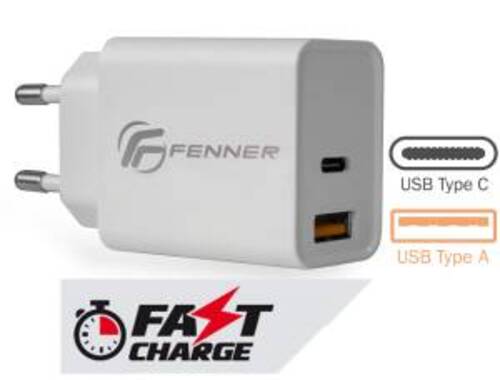 Fenner Tech 20W Alimentatore Universale USB-C + USB-A Fast Charge - Disponibile in 2-3 giorni lavorativi Fenner