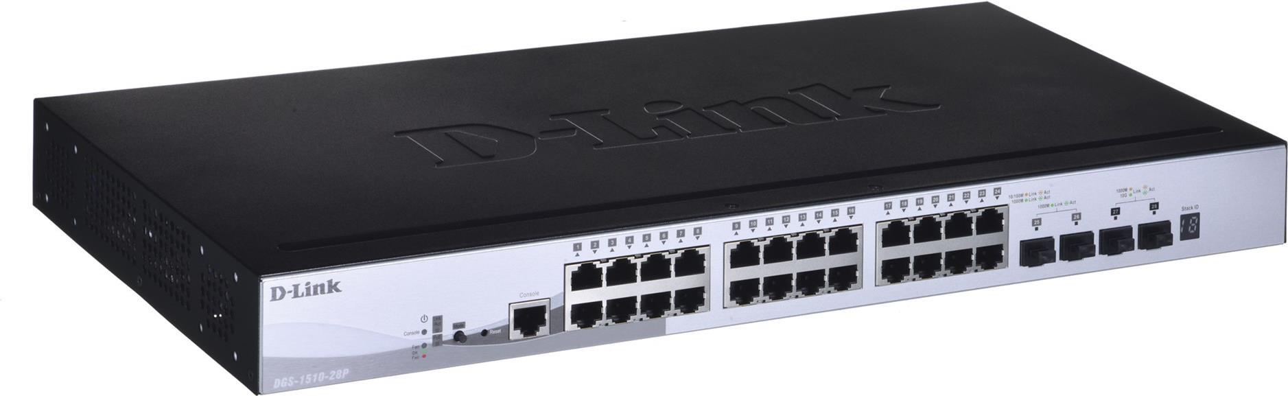D-Link DGS 1510-28P - Switch - L3 - Smart - 24 x 10/100/1000 (PoE+) + 2 x Gigabit SFP + 2 x 10 Gigabit SFP+ - Desktop, an Rack montierbar - PoE+ (193 W) - Disponibile in 6-7 giorni lavorativi