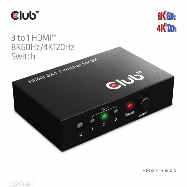 Club3d 3 To 1 Hdmi 8k60hz Switch Switch per Keyboard-Video-Mouse (Kvm) Nero - Disponibile in 3-4 giorni lavorativi Club3d