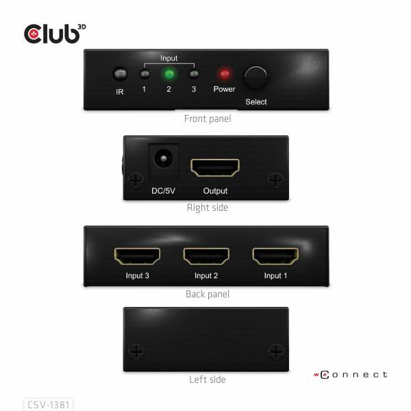 Club3d 3 To 1 Hdmi 8k60hz Switch Switch per Keyboard-Video-Mouse (Kvm) Nero - Disponibile in 3-4 giorni lavorativi Club3d