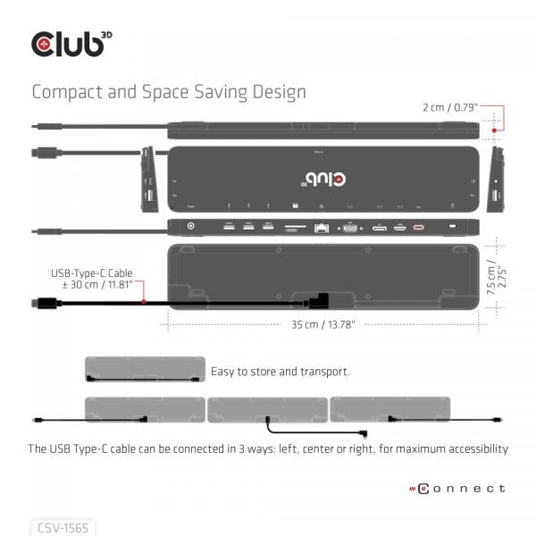 Club3d Usb Gen1 Type-C Triple Display Dp1.4 Alt Mode Smart Pd3.0 Charging Dock With 100 Watt Power Supply - Disponibile in 3-4 giorni lavorativi Club3d