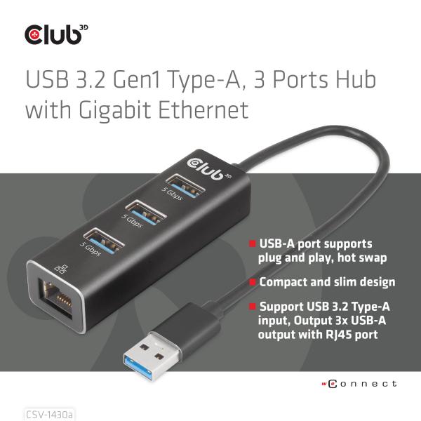 Club3d CSV-1430A USB 3.2 Gen1 Type-A 3 Porte Hub con Gigabit Ethernet - Disponibile in 3-4 giorni lavorativi Club3d