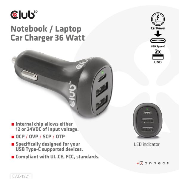 Club3d Caricatore da Auto per Notebook/Laptop 12V 36 Watt - Disponibile in 3-4 giorni lavorativi Club3d