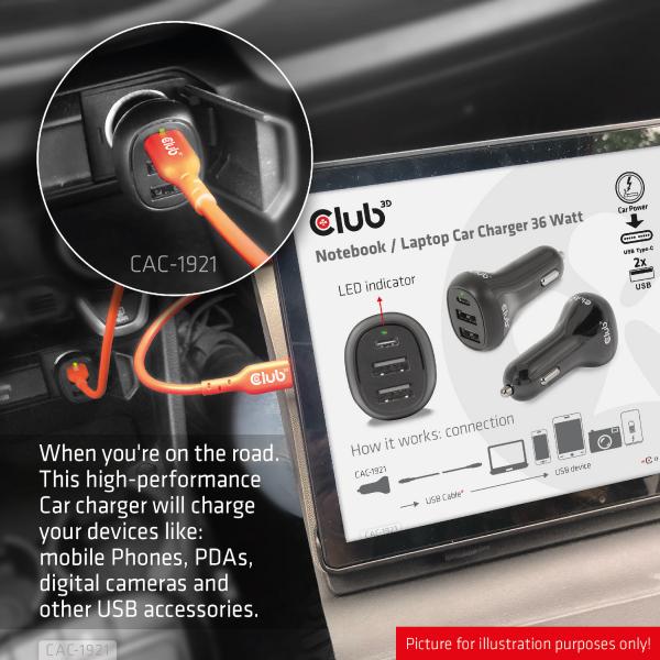 Club3d Caricatore da Auto per Notebook/Laptop 12V 36 Watt - Disponibile in 3-4 giorni lavorativi Club3d