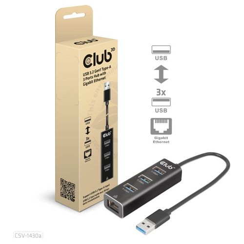 Club3d CSV-1430A USB 3.2 Gen1 Type-A 3 Porte Hub con Gigabit Ethernet - Disponibile in 3-4 giorni lavorativi Club3d