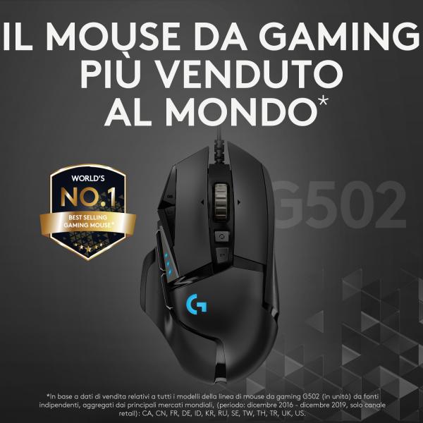 Logitech G G502 HERO Mouse Gaming Prestazioni Elevate, Sensore HERO 25K, 25.600 DPI, RGB, Pesi Regolabili, 11 Pulsanti Programmabili, Memoria Integrata, PC/Mac/Laptop, Nero - Disponibile in 3-4 giorni lavorativi Logitech